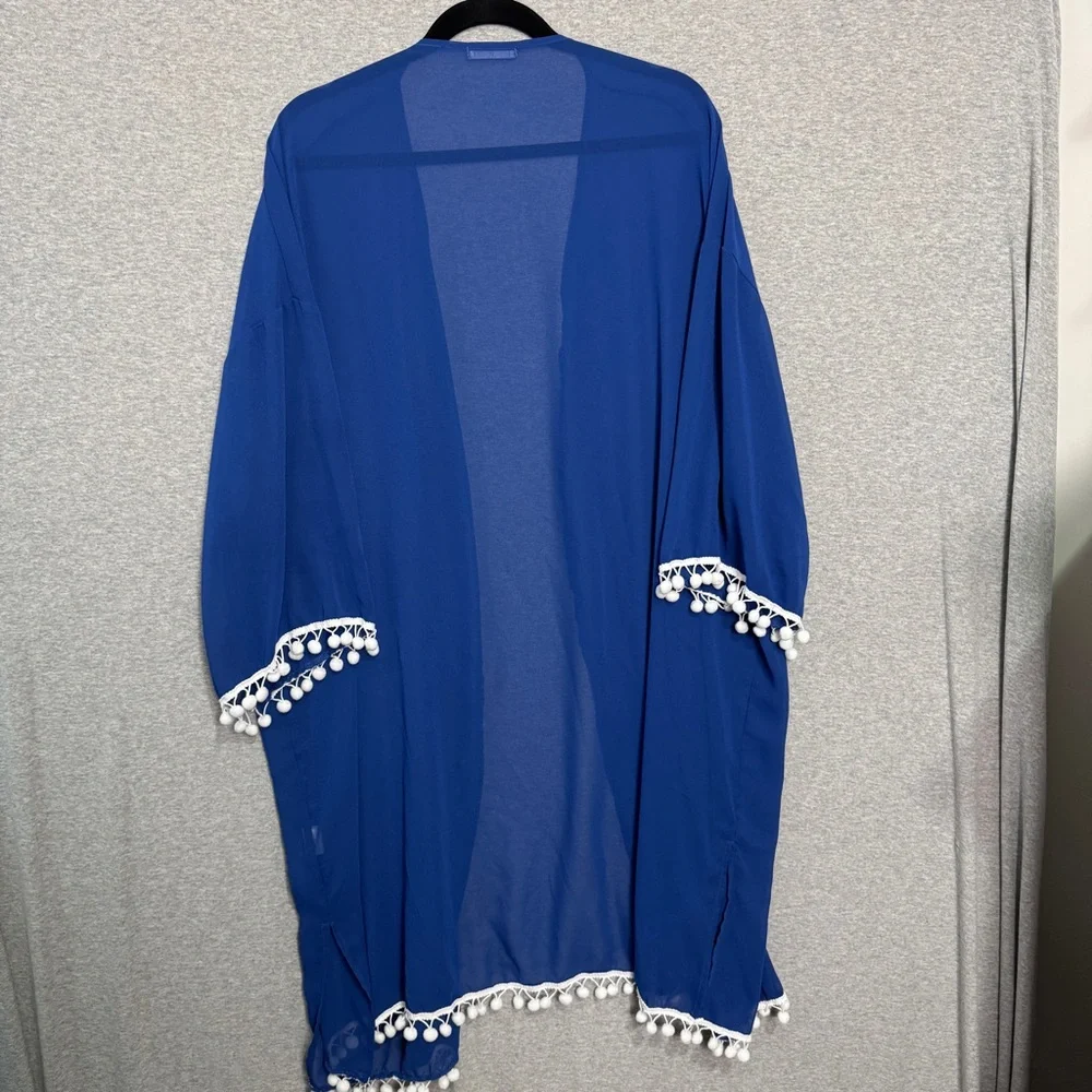 Blue Kimono with White‎ Pom Pom Trim